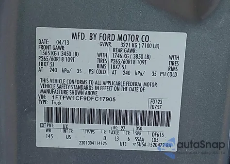 2013 Ford F-150 Xlt z USA, uszkodzony, nr VIN 1FTFW1CF9DFC17905
